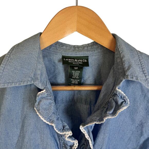 LAUREN JEANS CO Ralph Lauren Chambray Ruffle Wrap Top Blouse Womens Sz 12 Petite - Picture 3 of 15
